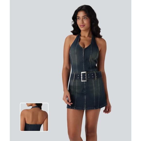 Halara Dress Womens Medium Blue Flex Denim Halter Mini Festival Country Concert - Picture 1 of 12